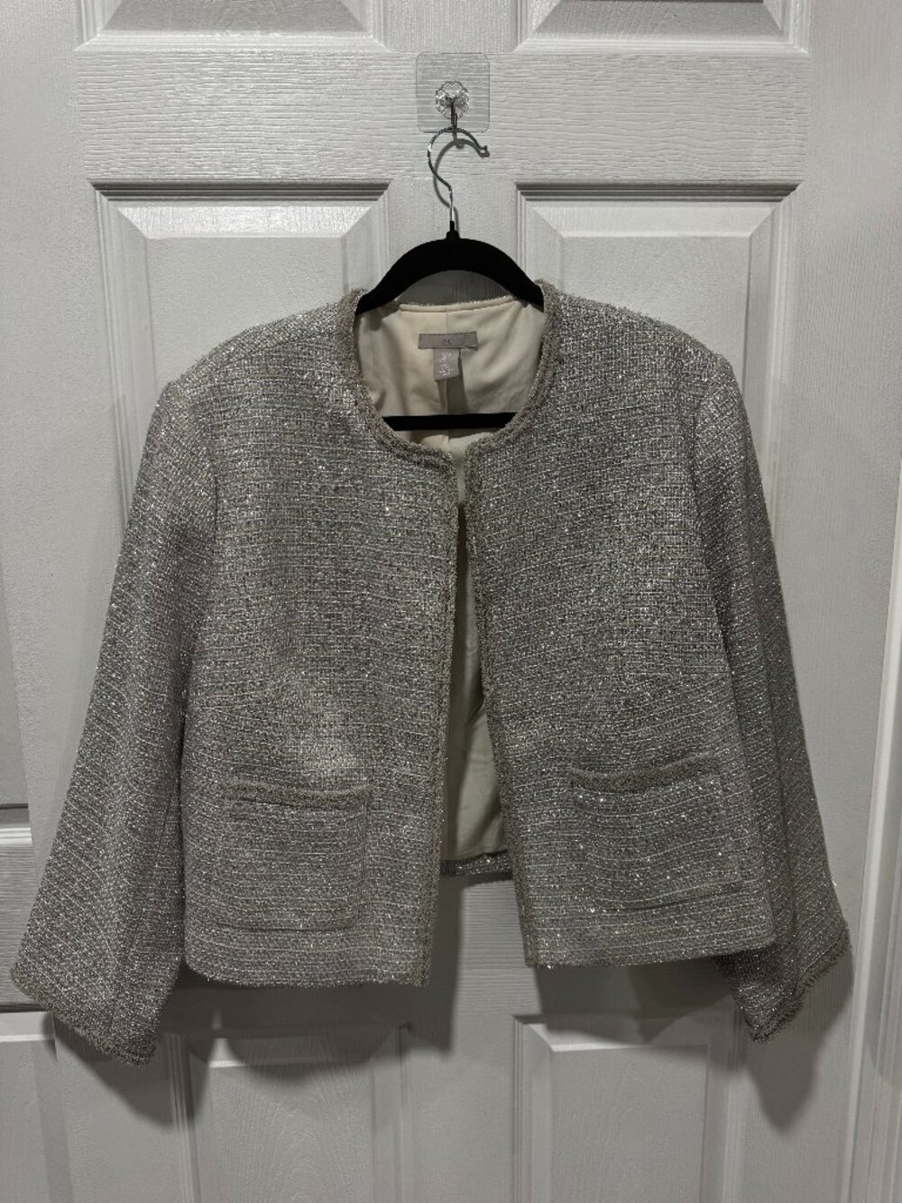 H&M grey metallic tweed crop jacket XL front